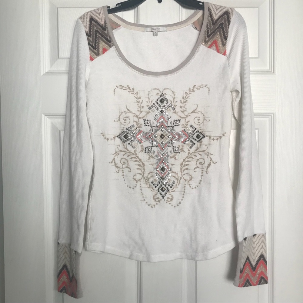 Miss Me waffle knit embroidered thermal top L